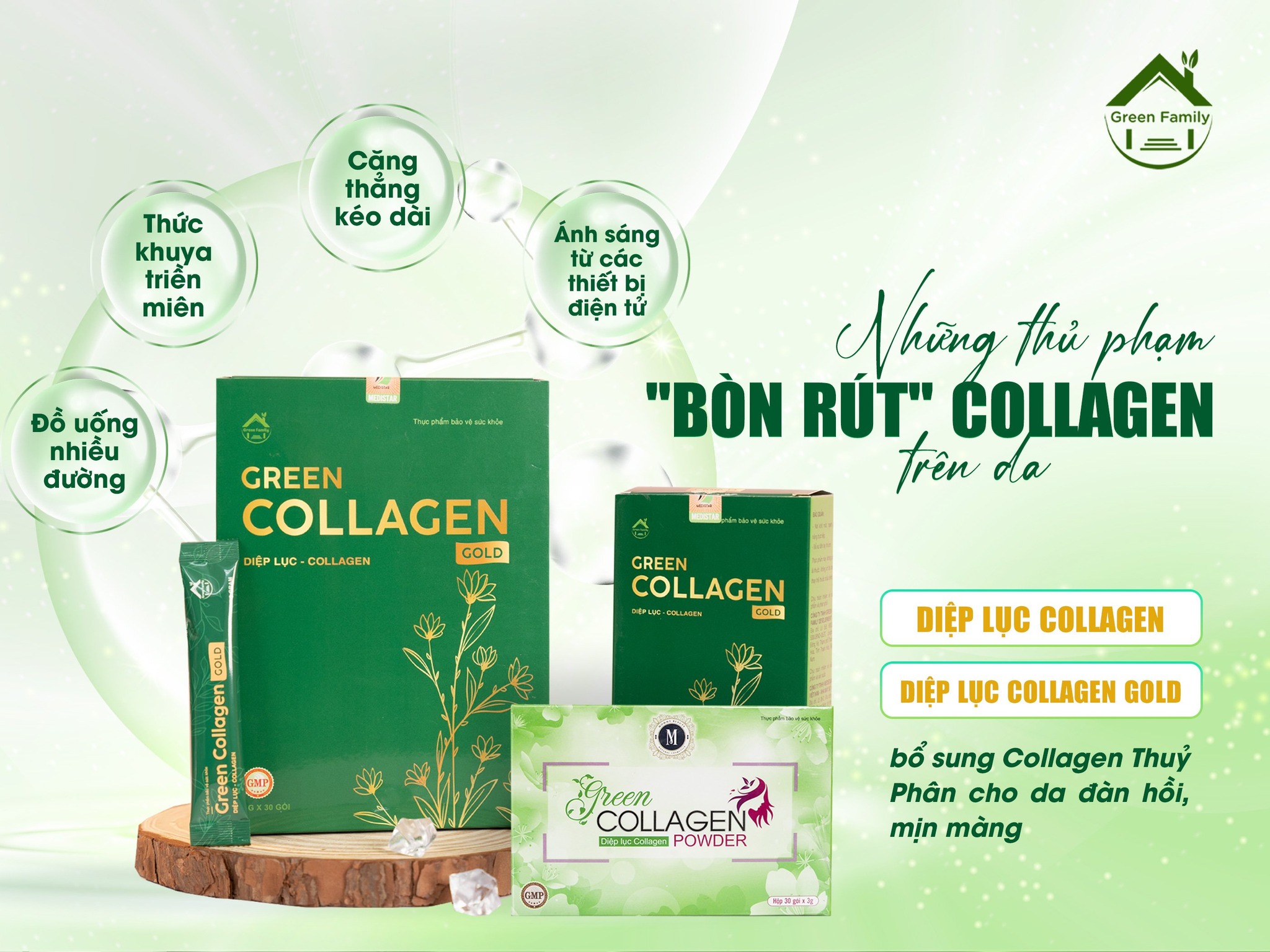 Diệp Lục Collagen & Collagen Gold (Hộp 30 Gói Chính Hãng - Đầy Đủ Tem Mã Đại Lý + Nguyên Seal)