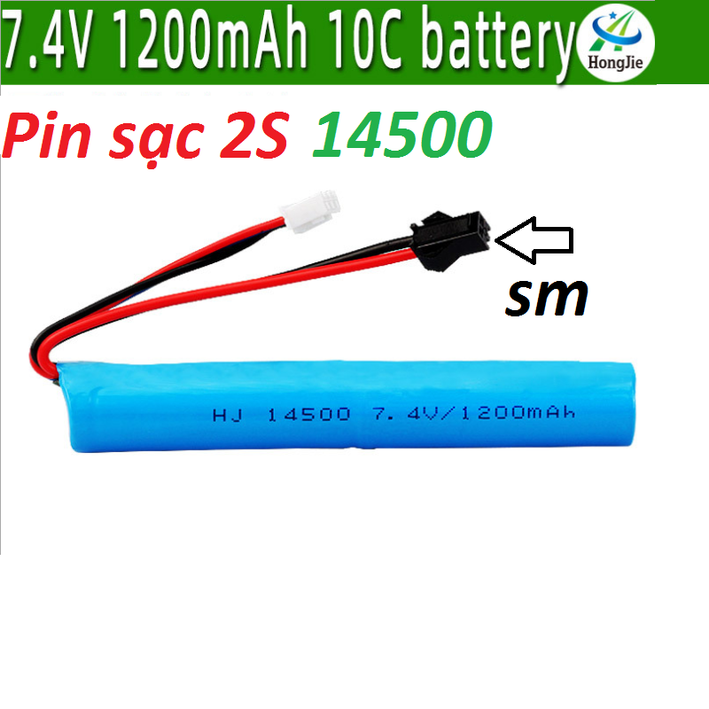 Pin sạc 2S 14500 7.4V Pin dài 10cm dung lượng 1200mah cổng nối Sm dùng cho xe mô hình điều khiển từ xa