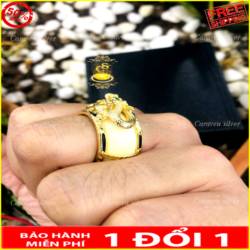 [Bền màu - Khó phai] Nhẫn đầu rồng mạ vàng 18k ngà voi nhân tạo - Caraven silver