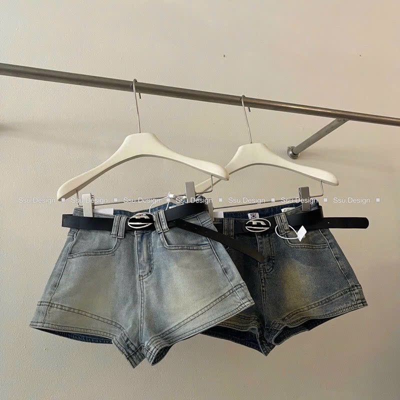 Quần Short Nữ Jean Lưng Cao Basic Lai Kiểu