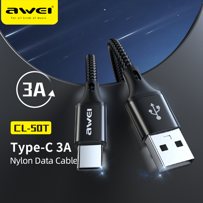 Awei CL-50T Nylon bện USB Loại C QC 3A Dây cáp dữ liệu sạc nhanh Điện