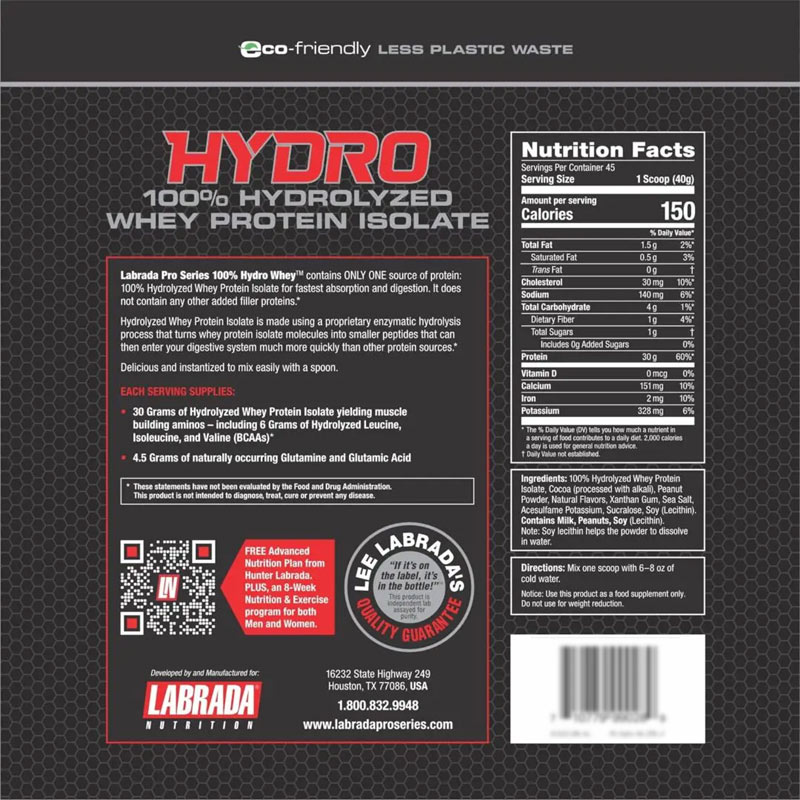 Sữa Hỗ Trợ Tăng Cơ Bắp LABRADA HYDRO 100% HYDROLYZED WHEY PROTEIN ISOLATE 4 LBS