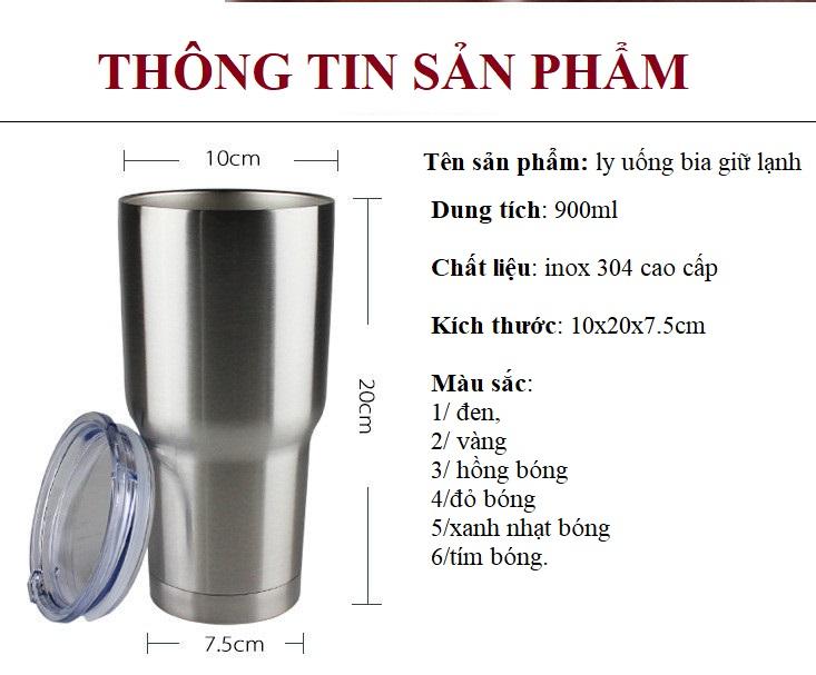 Ly uống bia cốc giữ lạnh inox 304 loại to 900ml 30oz cầm vừa tay