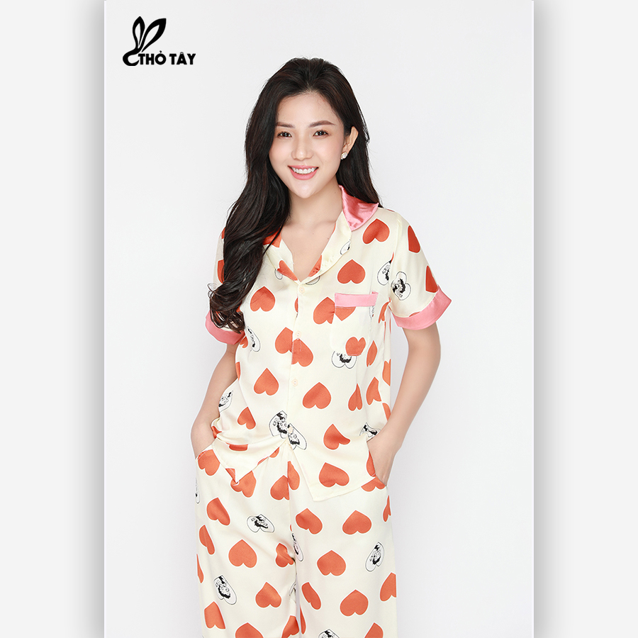 Đồ Ngủ Pijama Lụa Satin Dài Họa Tiết - THỎ TÂY DB255B251