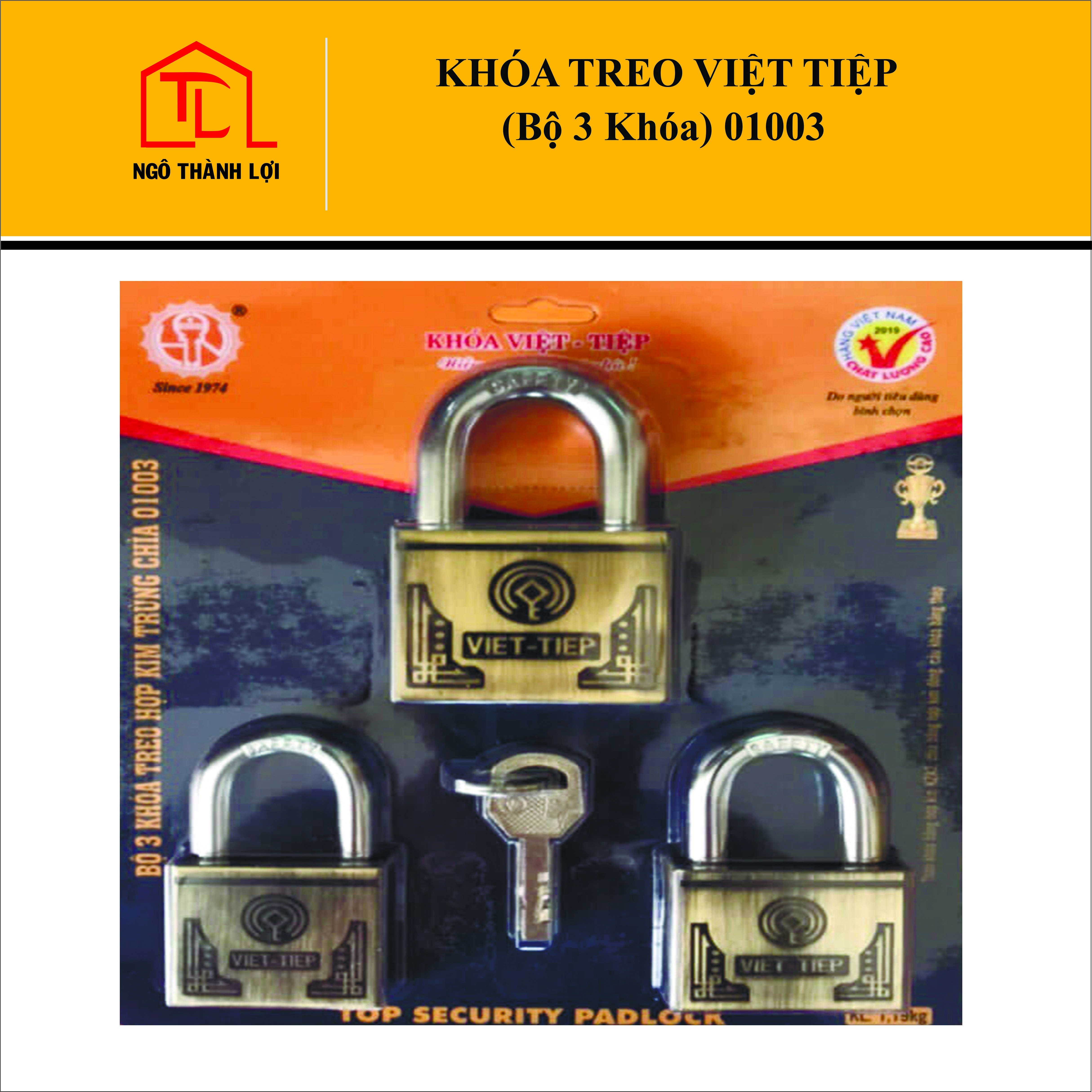 Ổ khóa treo Việt Tiệp hợp kim trùng chìa 01003 (bao gồm 3 sản phẩm 01405, 01505, 01605) sử dụng chung một bộ chìa để đóng mở cả 3 khóa