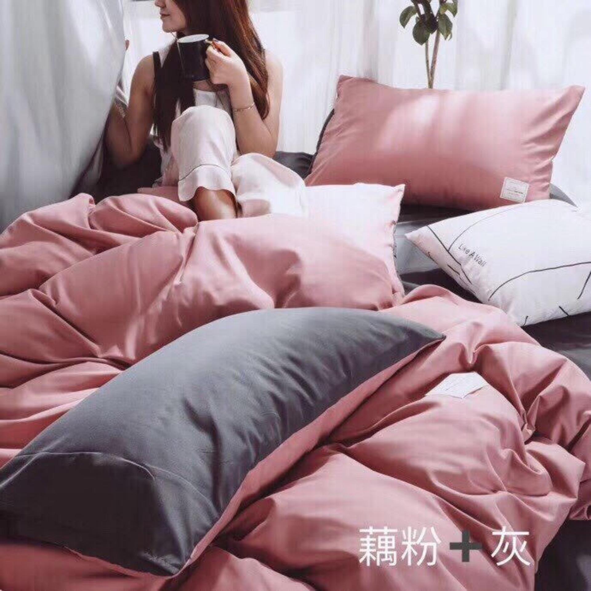 [ MIỄN PHÍ VẬN CHUYỂN ]-Bộ chăn ga gối Cotton nhập Basic hồng ghi.