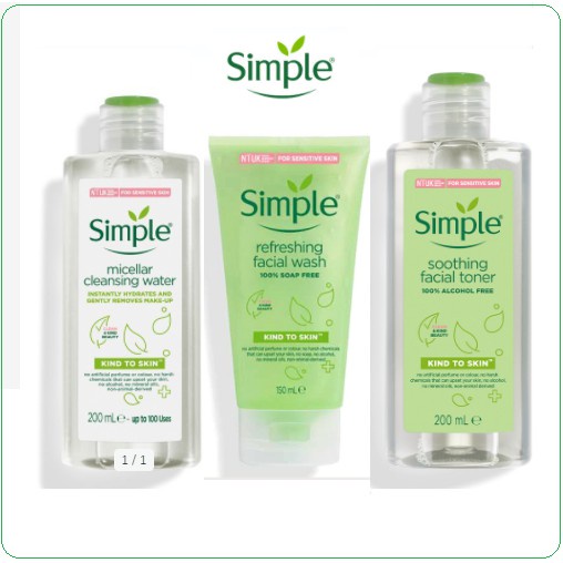 Combo 3 Simple ( Sữa Rửa Mặt + Toner Nước Hoa Hồng + Tẩy trang ) Làm Sạch Cân Bằng Da 150ml & 200ml & 125ml/Chai