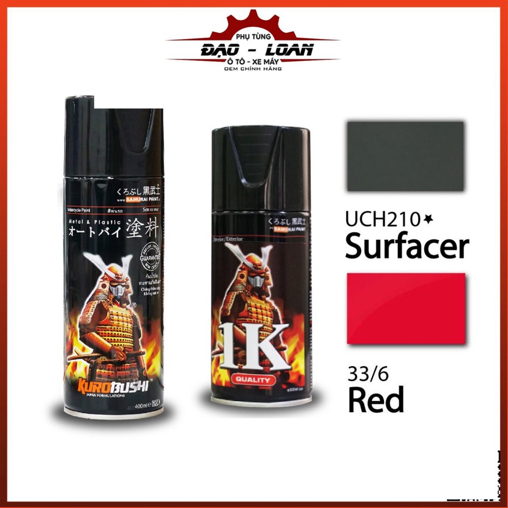 Combo cơ bản sơn Samurai, sơn xịt xe máy màu đỏ tiểu chuẩn 33/6 (Lót: UCH210, nền trắng 2/102, màu đỏ: 33/6, Phủ K1K)