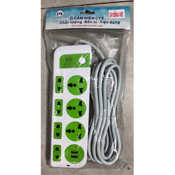 Ổ cắm điện đa năng CYX C24 có 2 cổng USB , 4 ổ cắm , lỗi đồng,chống giật,dây chắc chắn,dài 4m