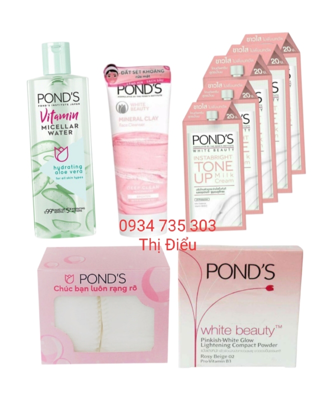 Bộ 9 sản phẩm Ponds chăm sóc da: sữa rửa mặt pond + nước tẩy trang pond + kem pond + phấn pond giá rẻ