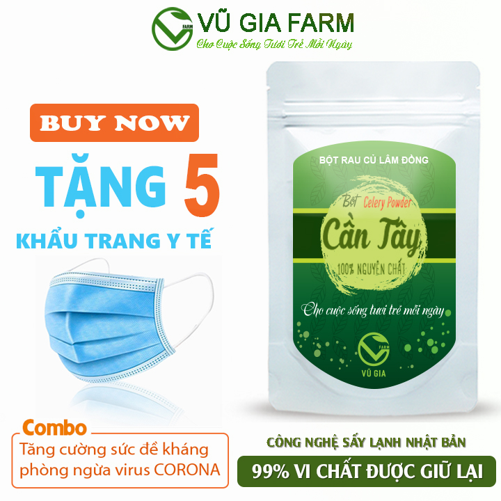 Bột Cần Tây Sấy Lạnh Nguyên Chất Vũ Gia (50g/ túi) + Tặng 5 Khẩu Trang Y Tế - Giảm cân an toàn, giải độc, ngừa ung thư, đắp mặt nạ chăm sóc da