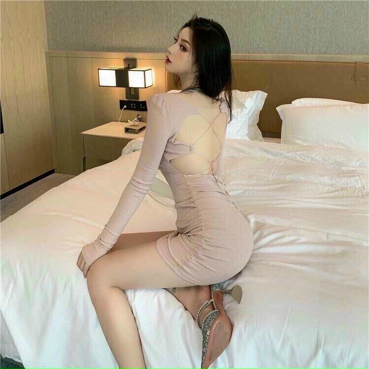 Đầm Váy Nữ Ôm Body Cổ Vuông Tay Dài Đan Dây Hở Lưng Diện Đồ Cực Kỳ Tôn Dáng Thời Trang Kiểu Cách Đi Chơi, Đi Dự Tiệc D.ONE FASHION, Mẫu Free Size Mặc Vừa