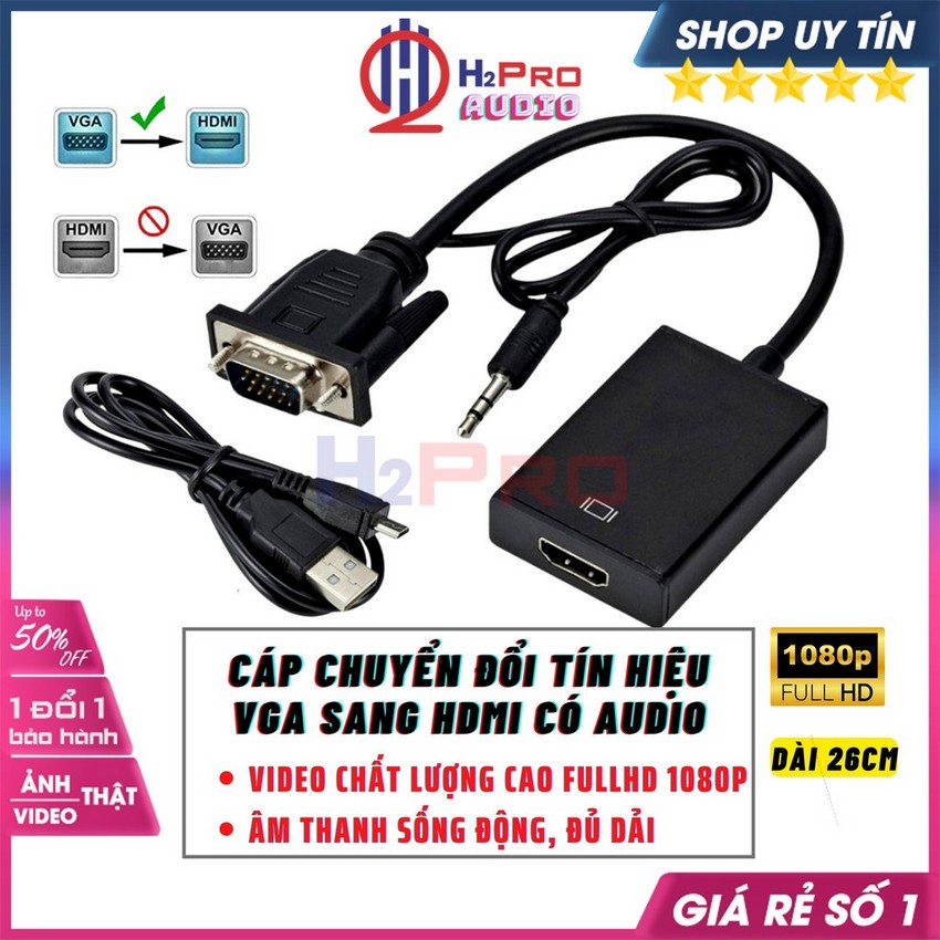 Cáp chuyển đổi vga sang hdmi có audio cao cấp, full hd 1080p, âm thanh sống động, cáp tín hiệu vga sang hdmi-h2pro audio
