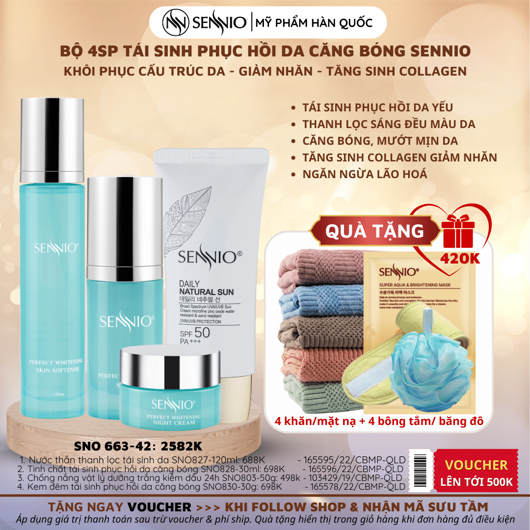 Bộ 4 sản phẩm dưỡng da tái sinh phục hồi da căng bóng Sennio khôi phục cấu trúc da, giảm nhăn,  tăng sinh collagen