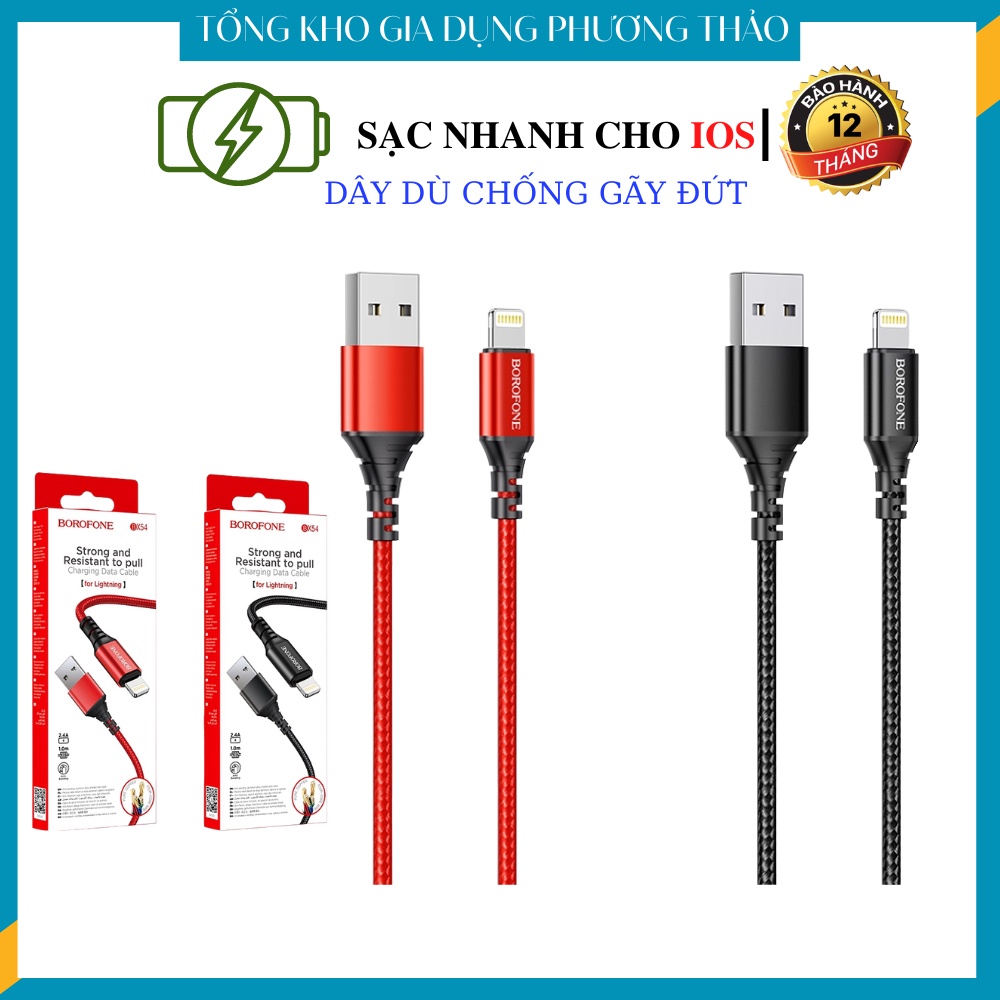 Dây sạc nhanh borofone bx54 bọc dù chống đứt cho ip5/6/7/8plus/ios dài 1m - bảo hành 12t
