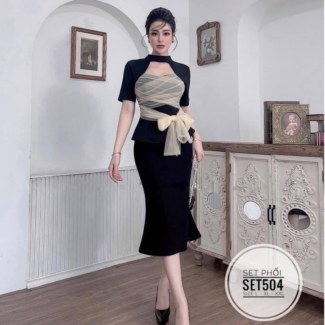 Bigsize Set váy phối dây nơ SET504 ( có ảnh thật)