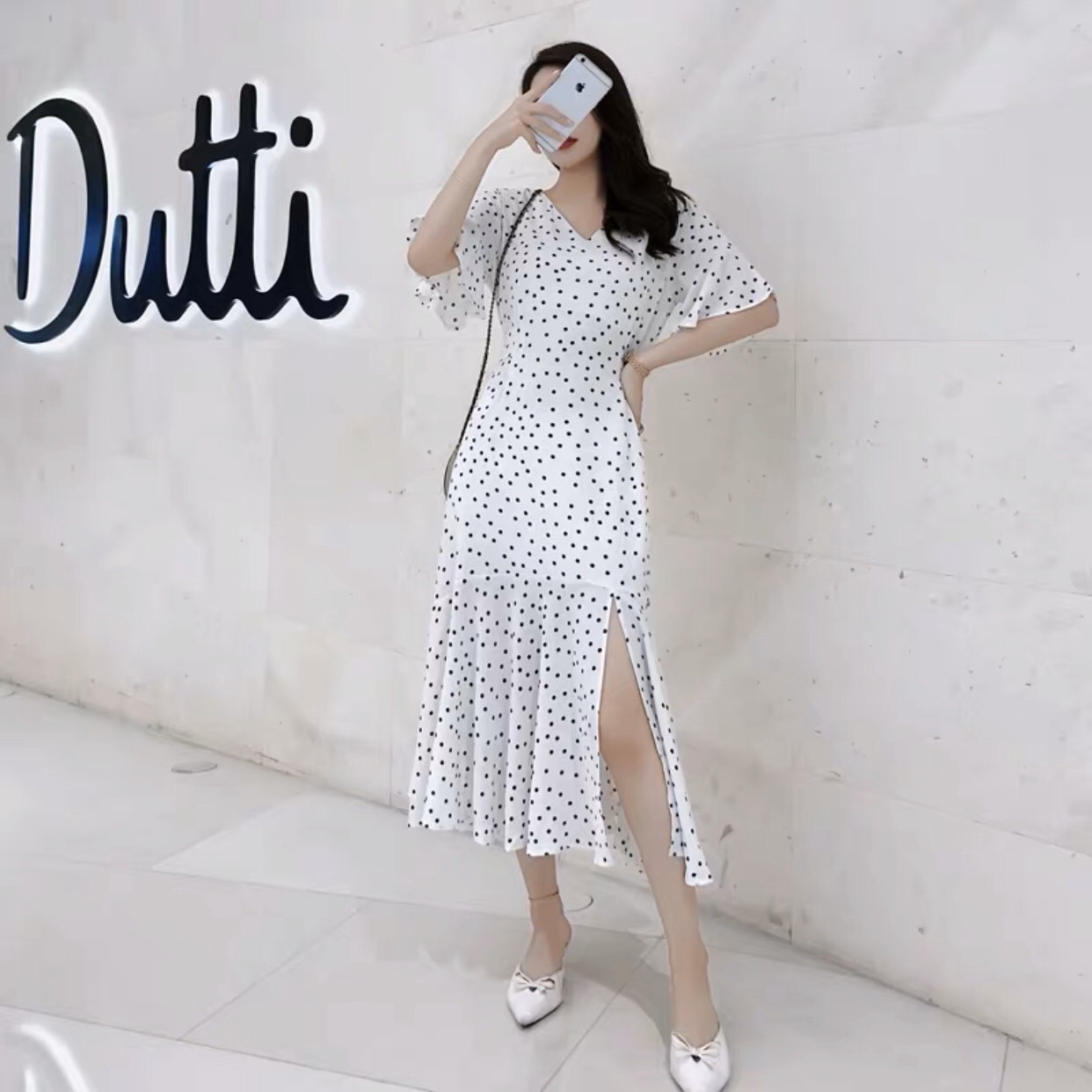 [HCM]Sleeve Maxi Dress with Dots Fishtail Flared Sleeveless Flared Tall Underline - DM013