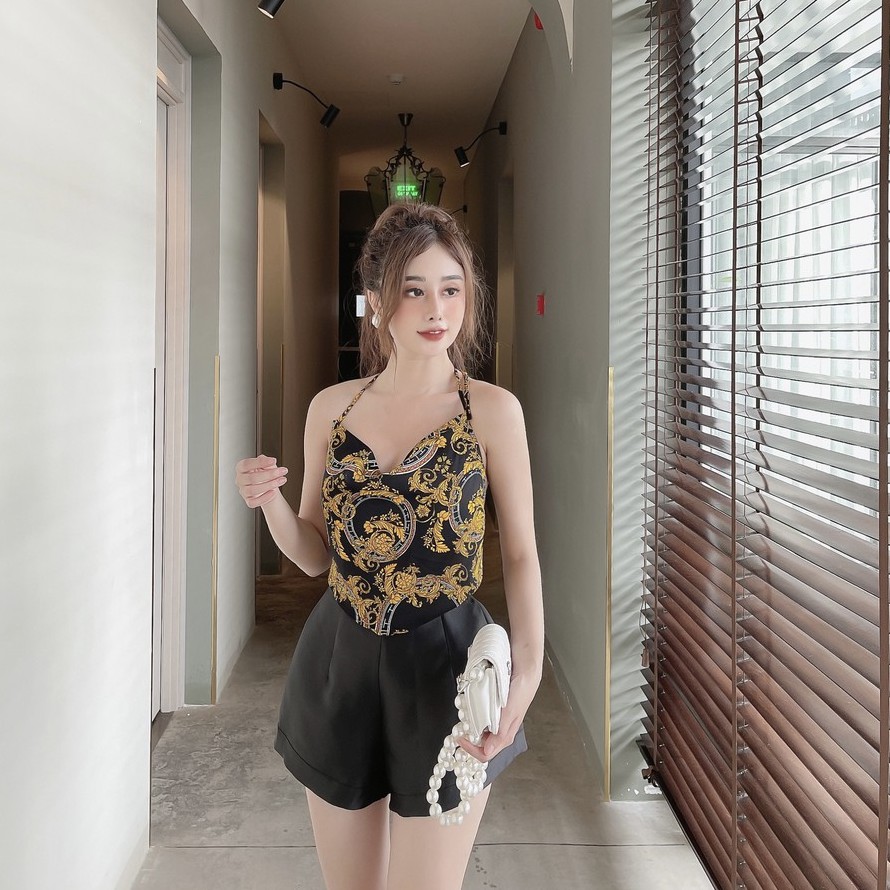 [Ảnh thật] Áo croptop dây yếm họa tiết cột nơ lưng