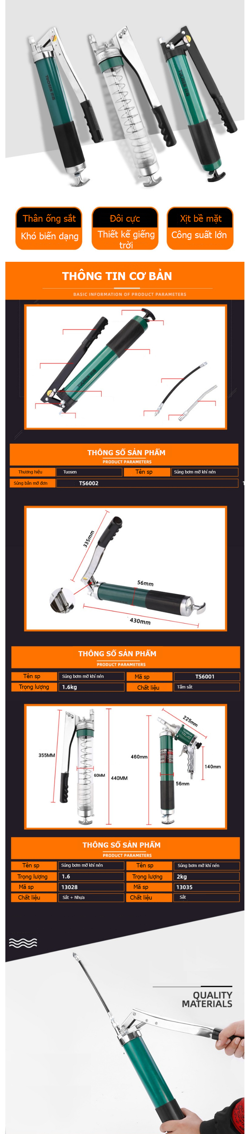 Thiết bị bơm mỡ bằng tay 600cc Tuosen - với 4 lựa chọn bình