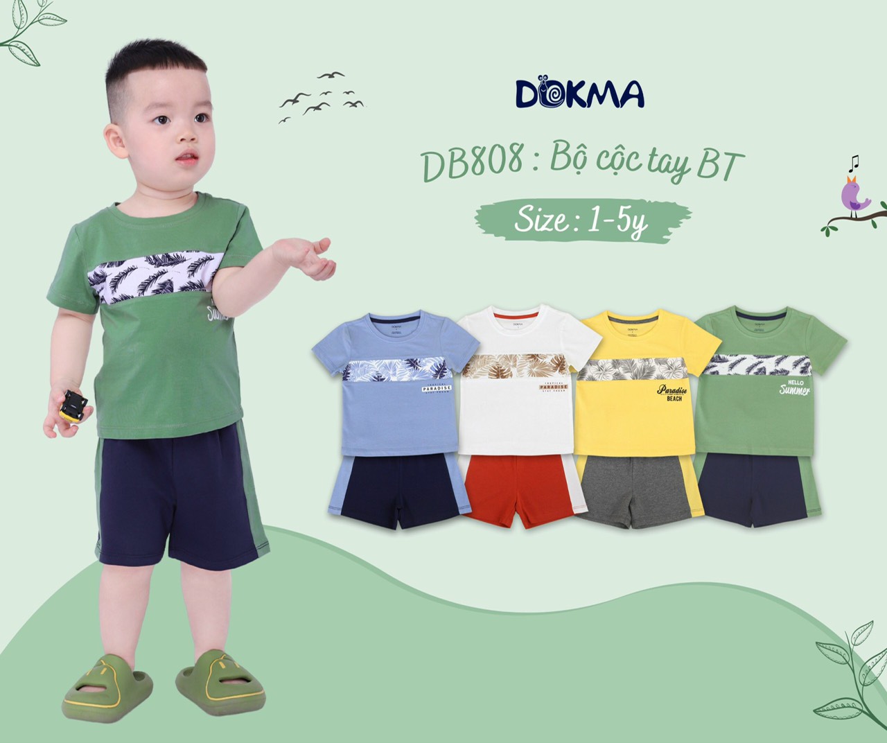 Dokma Bộ quần áo cổ tròn tay ngắn bé trai 1-5 tuổi BD808