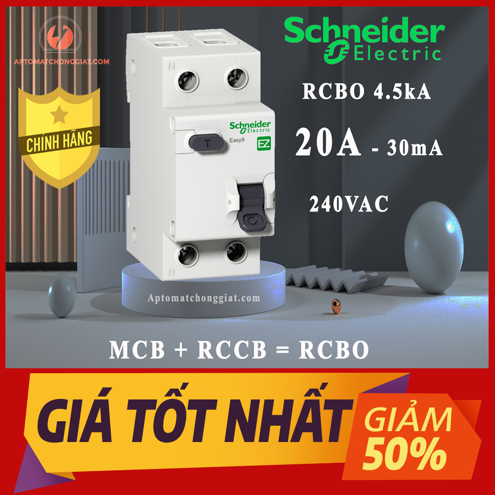 [HÀNG CHÍNH HÃNG] Cầu dao Chống Giật RCBO Schneider Easy9 2P 20A - 30mA SCHNEIDER loại đa năng - siêu nhạy - test giật trực tiếp - Hàng Tốt - Aptomat chống giật  EZ9D34620  - Chính Hãng Schnieder 100%