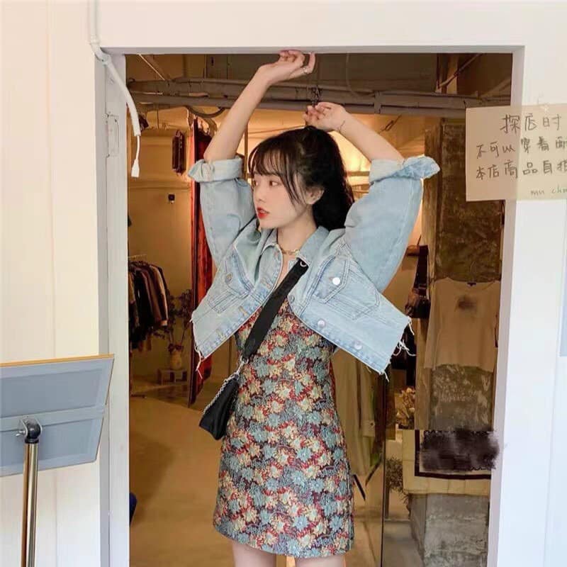 [HCM]Set đầm 2s hoa + khoác crop jean ??
