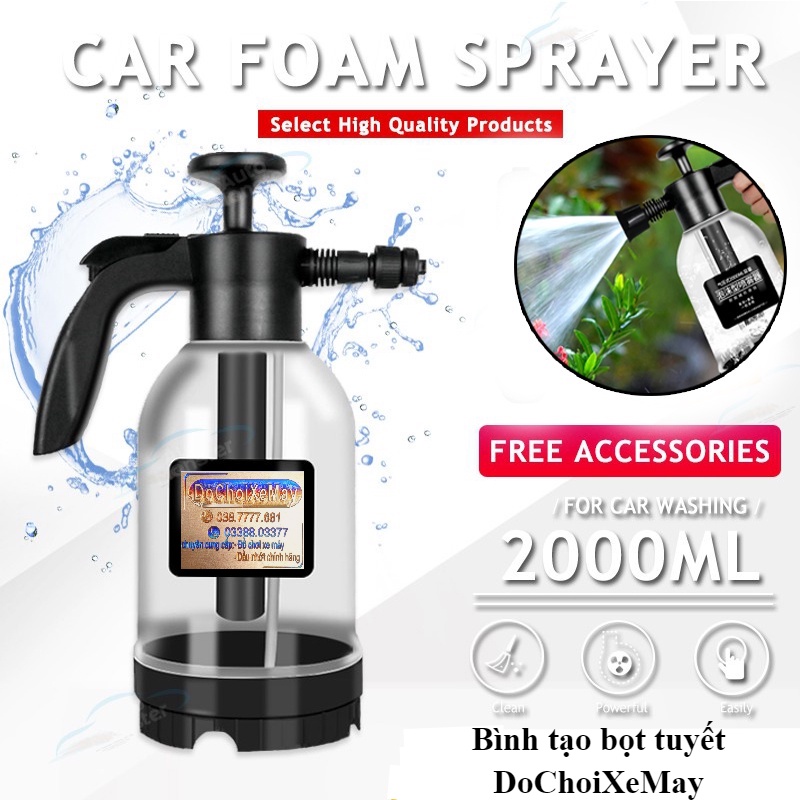 Bình phun tạo bọt tuyết xà bông trong suốt cầm tay vệ sinh xe hơi , rửa xe tiện dụng 2 Lít . DoChoiXeMay