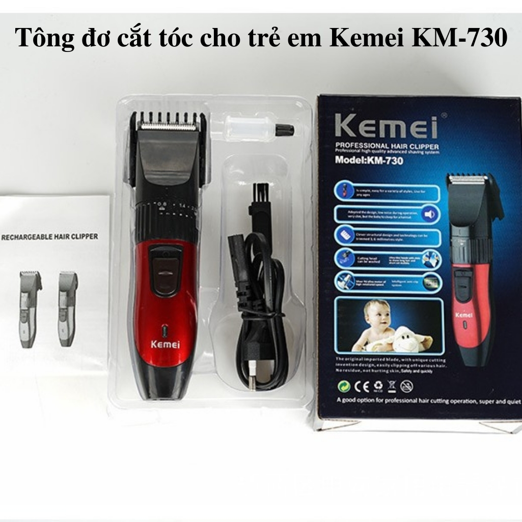 Tông Đơ Cắt Tóc Cho Trẻ Em Kemei KM-730, Sạc Điện, Thời Gian Sử Dụng Lâu, An Toàn Cho Bé