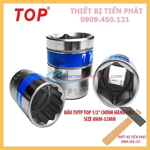 Đầu bulong, đầu tuýp 1/2" 6 cạnh top đủ các số đầu khẩu full size từ 8mm - 32mm cao 40mm chính hãng top
