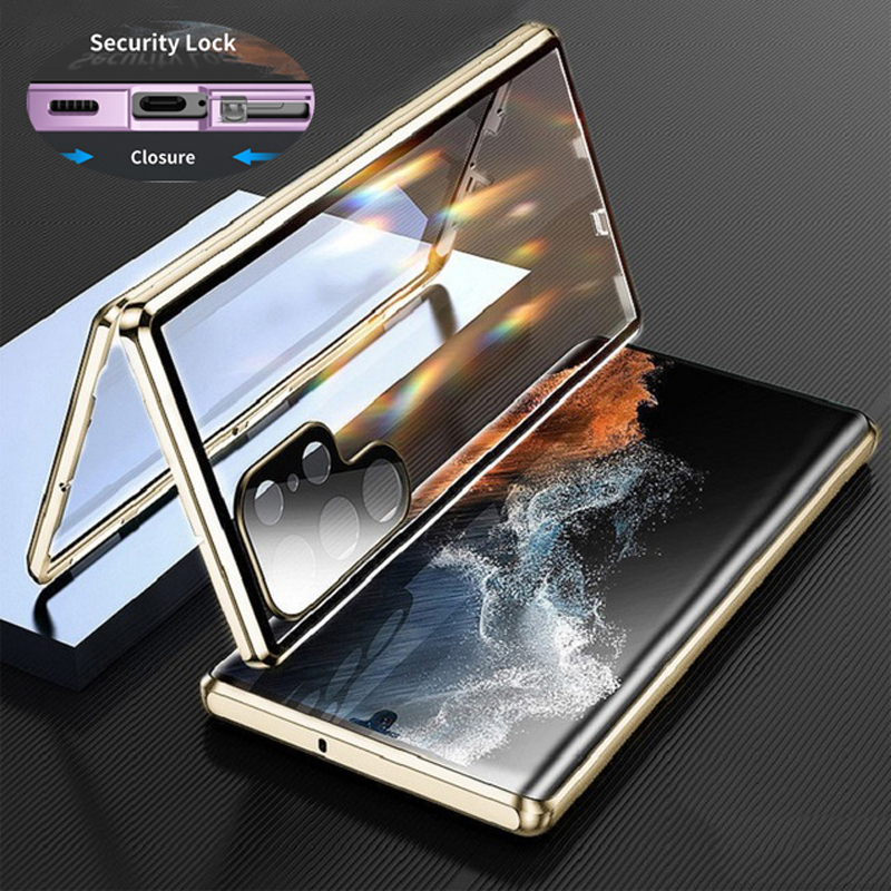Kim loại hai mặt kính Snap khóa trường hợp 360 bảo vệ đầy đủ cho Samsung Galaxy S22 S23 siêu S23 cộng với ống kính bảo vệ Bìa trường hợp