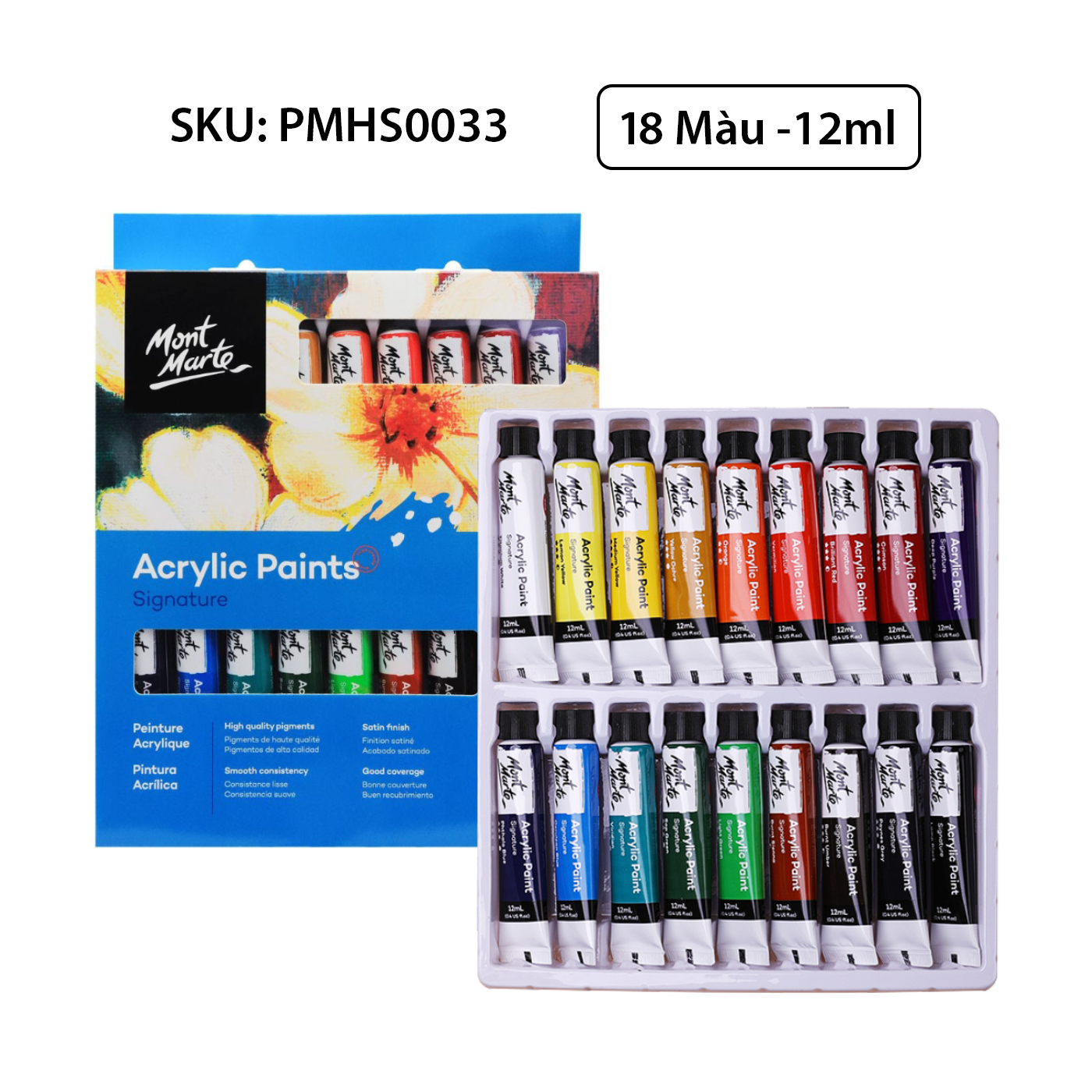 Bộ màu acrylic mont marte 12/18/24 màu x 12ml - acrylic paints signature - pmhs0026/pmhs0033/pmhs0034