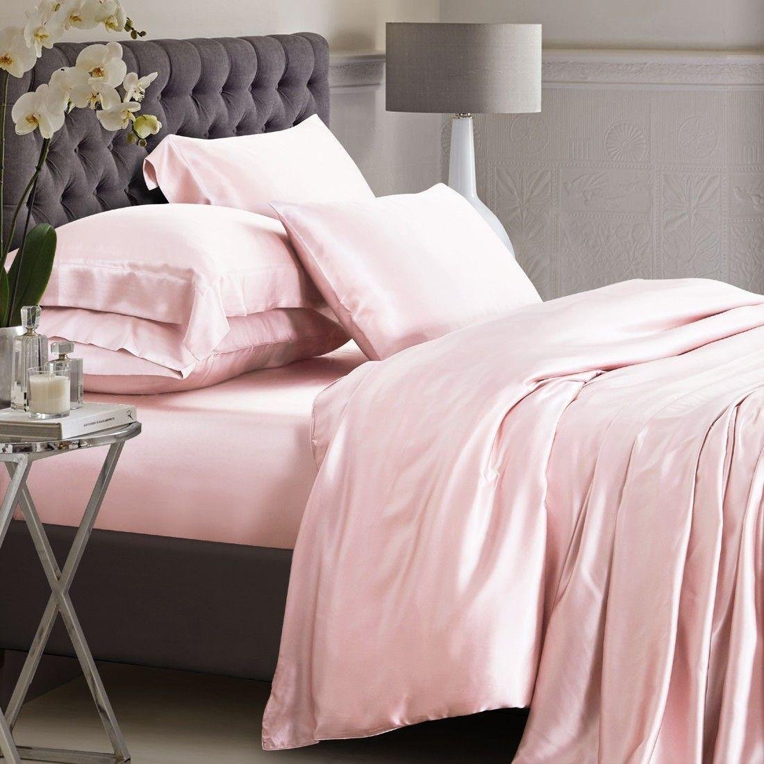 ( Lụa Loại 1) Bộ 5 Món Chăn Ga Gối Phi Lụa Lan Pham Bedding Hàng Loại 1 Mát Mịn - Hồng Phấn
