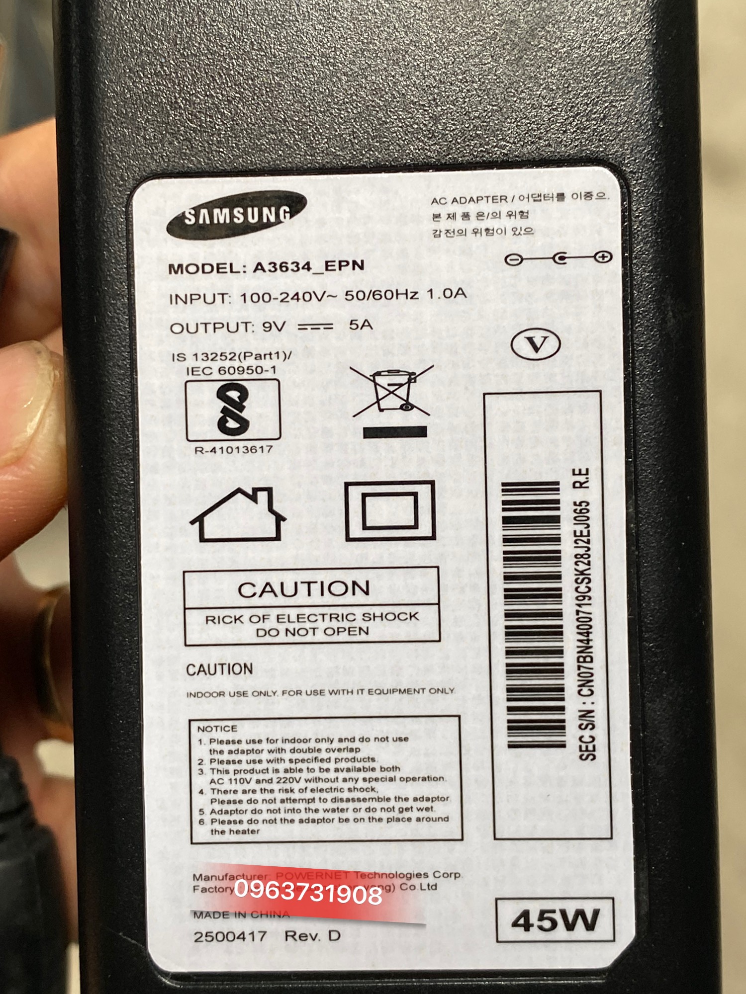 Bộ nguồn 9V 5A chuẩn Samsung cung cấp