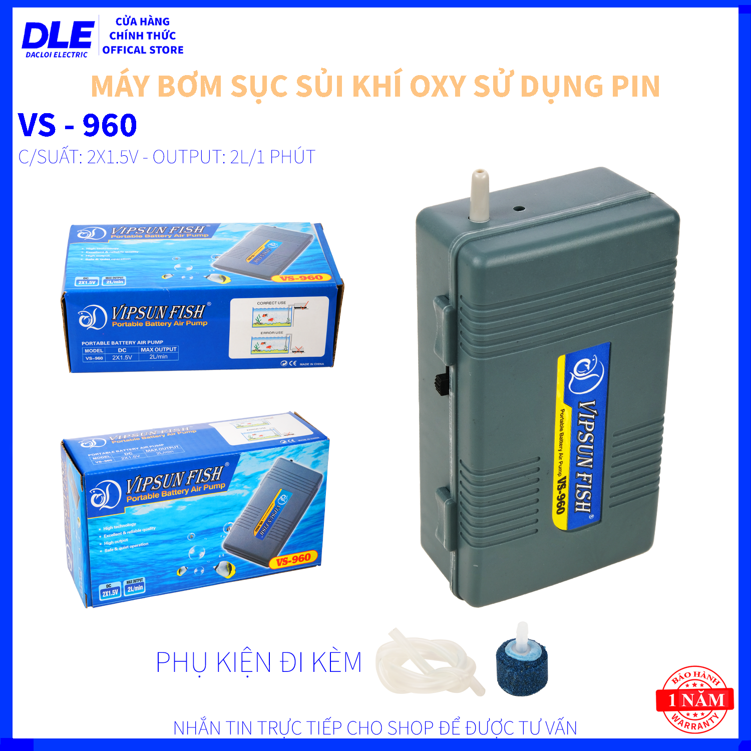 MÁY SỤC KHÍ OXY BỂ CÁ DÙNG PIN VIPSUN VS - 960 - SỬ DỤNG PIN