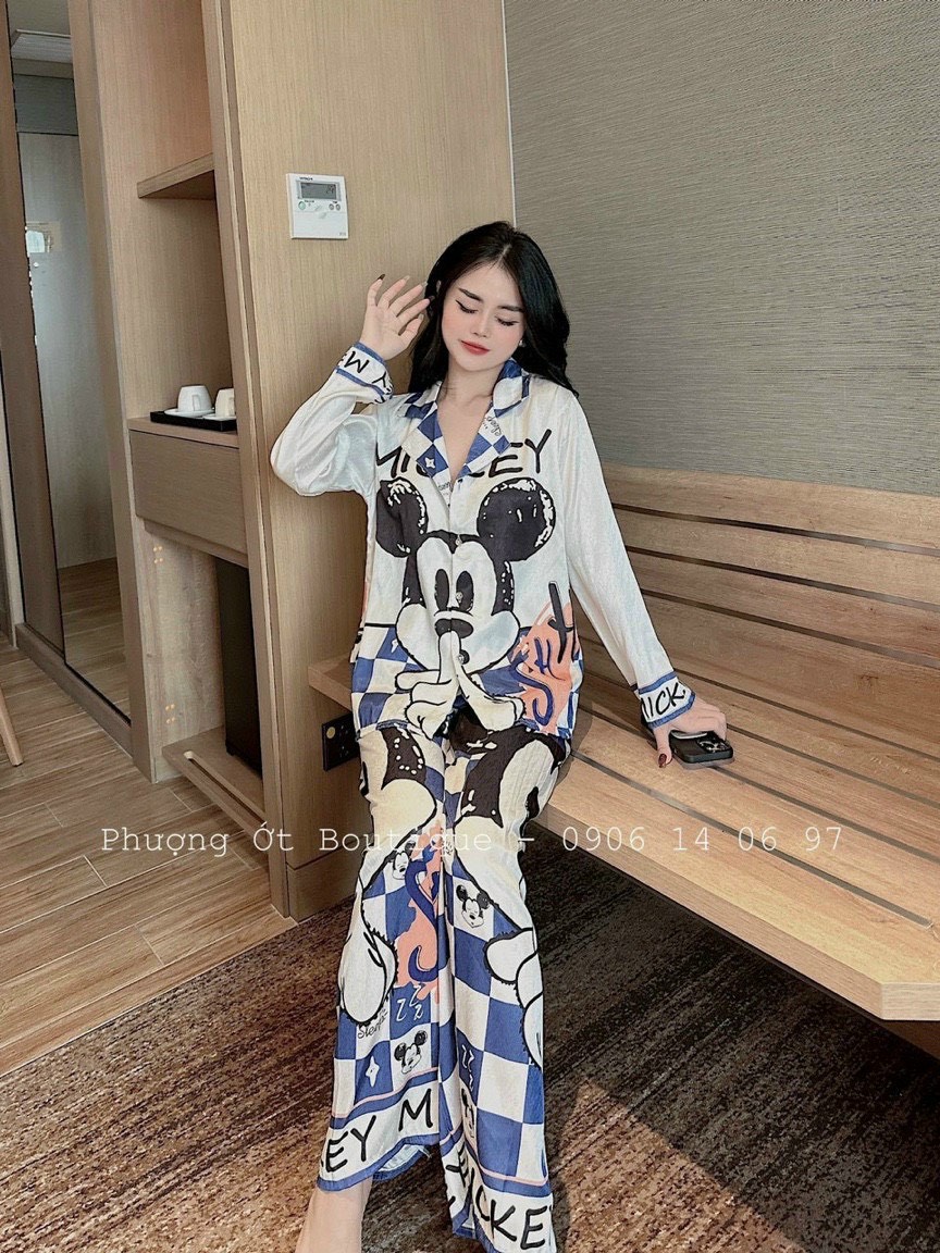 Set bộ pijama mặc nhà lụa latin xước cổ lam chữ V tay dài quần dài hot trend, Đồ bộ nữ pyjama mặc ở nhà tay dài quần dài chât lụa mềm mại