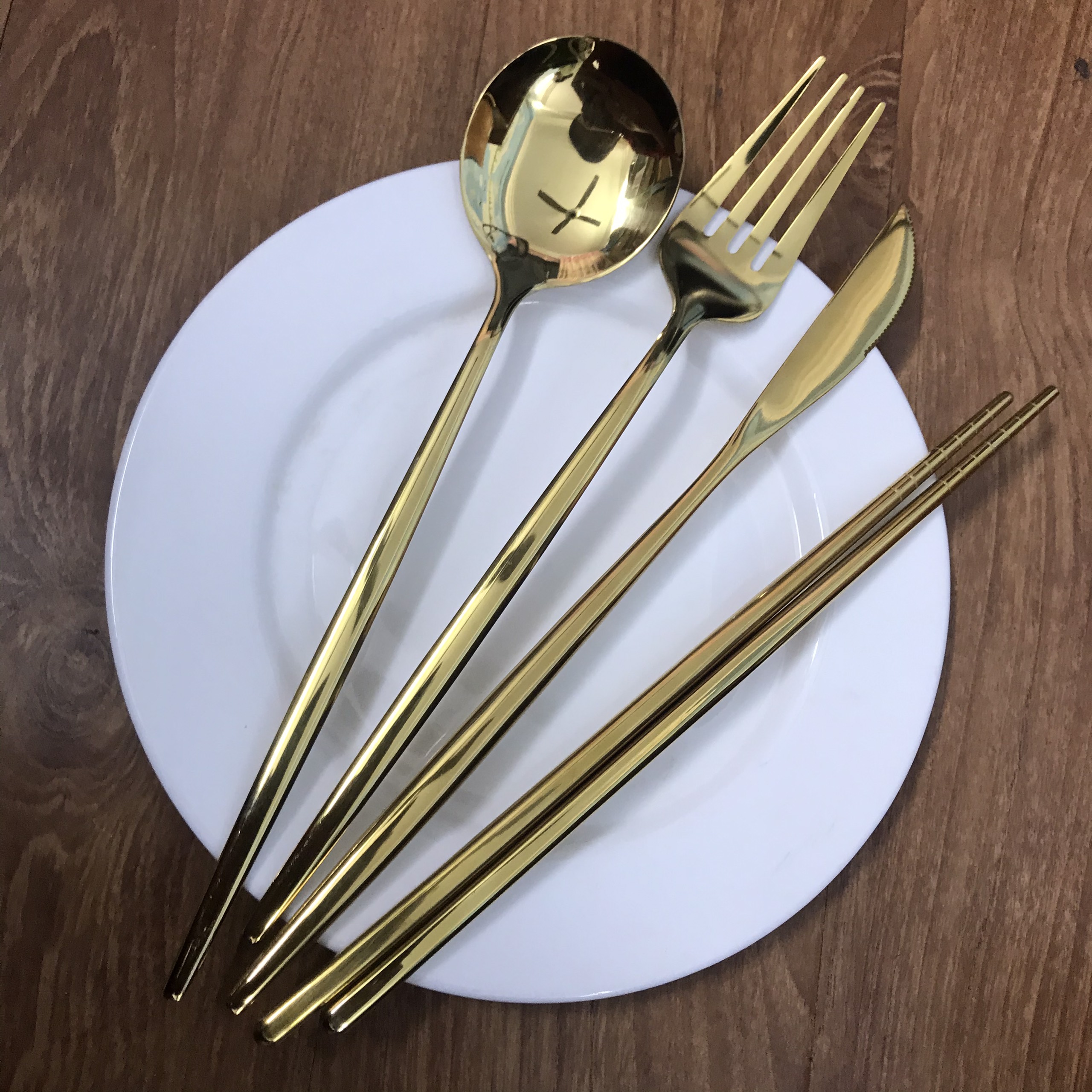 Set 4 món dao, dĩa, thìa đũa – inox mạ vàng cao cấp - phong cách Âu [Phụ kiện bàn ăn sang trọng]
