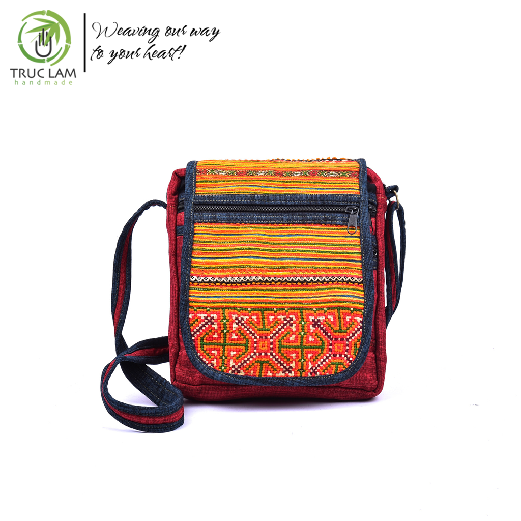Túi đeo chéo thời trang vải gai dày phối vải thổ cẩm thêu tay - trúc lâm handmade