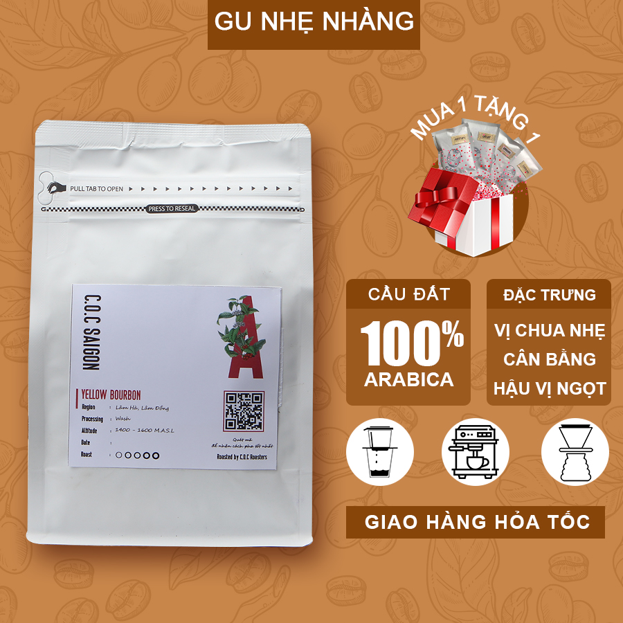 Cà phê Arabica Cầu Đất Yellow Bourbon nguyên chất rang mộc gu nhẹ nhàng pha máy, pha phin C.O.C Saigon