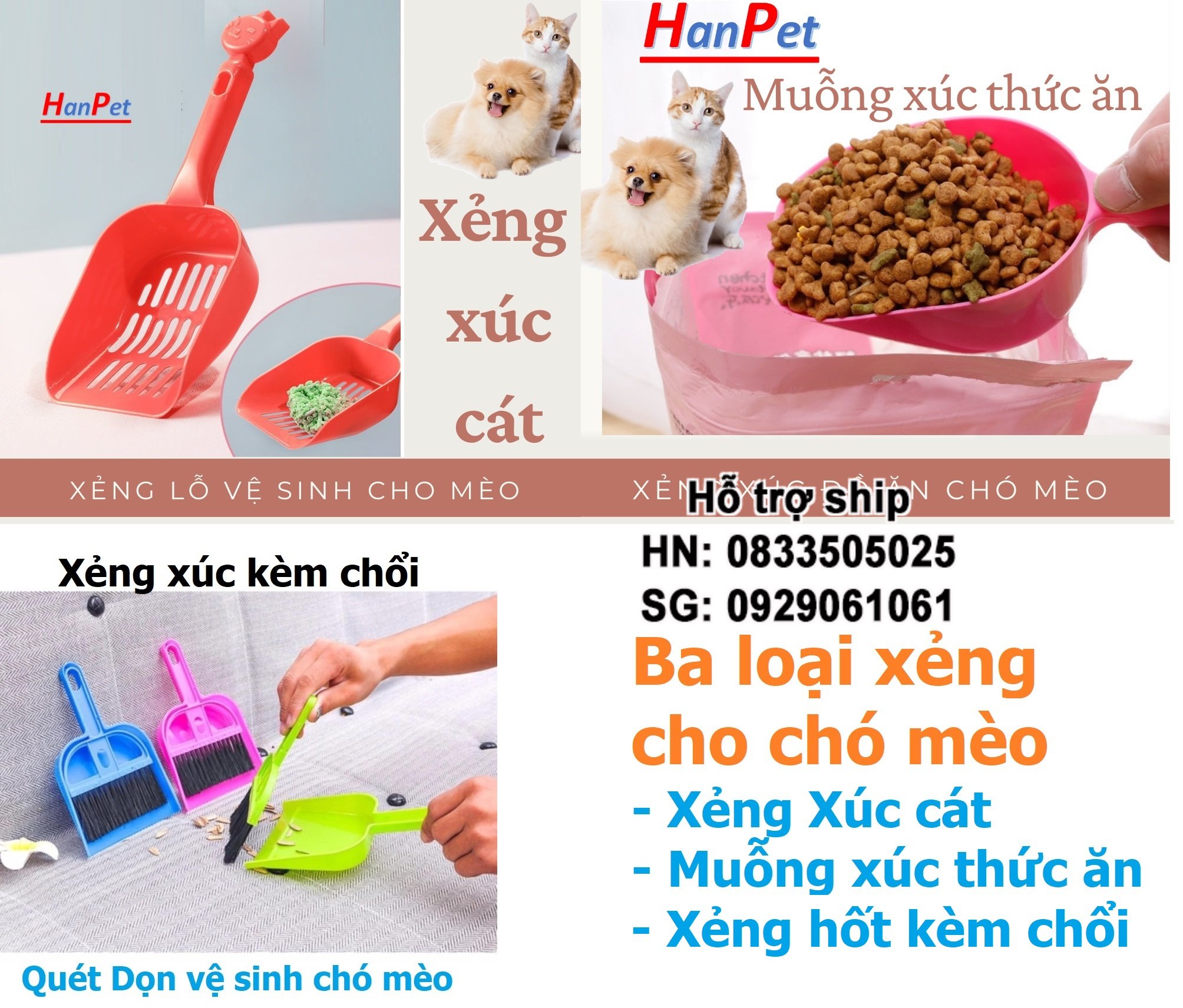 Hanpet - Hót phân mèo 3 loại xẻng nhựa xúc cát vệ sinh mèo- xẻng hót kít mèo muỗng thức ăn xẻng hốt kèm chổi