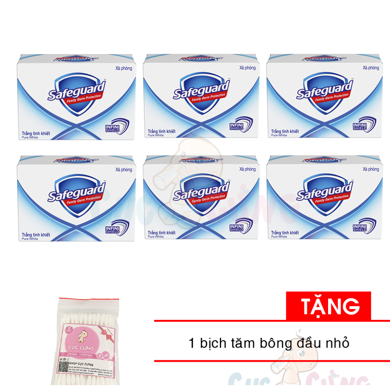 Set 6 xà bông cục - cục xà phòng Safeguard Pure White diệt khuẩn 130g/cục Tặng 1 bịch tăm bông đầu nhỏ