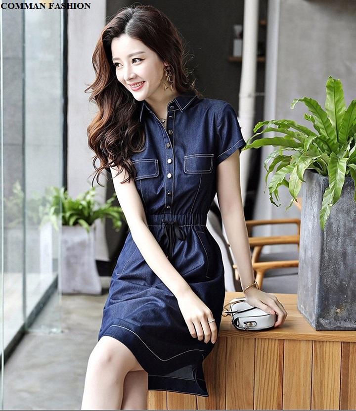 [HCM]CAO CẤP Đầm Jean Nữ Cổ Bẻ Lai Bầu 3979