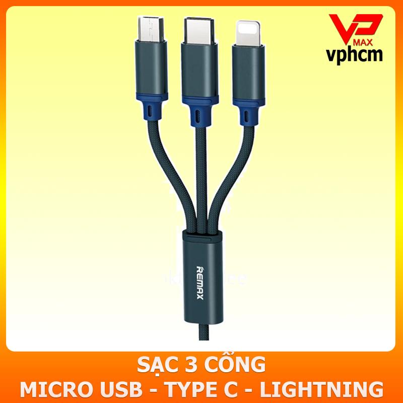 Cáp sạc Remax 3 đầu dây dù micro USB Type C lightning dùng cho điện thoại Android iOs