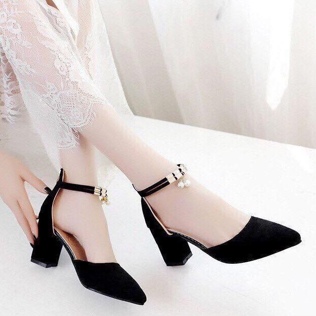 Giày cao gót vuông 7p bít mũi da nhung kết vòng cổ hạt châu dây kéo gót - BM01 kèm ảnh thật