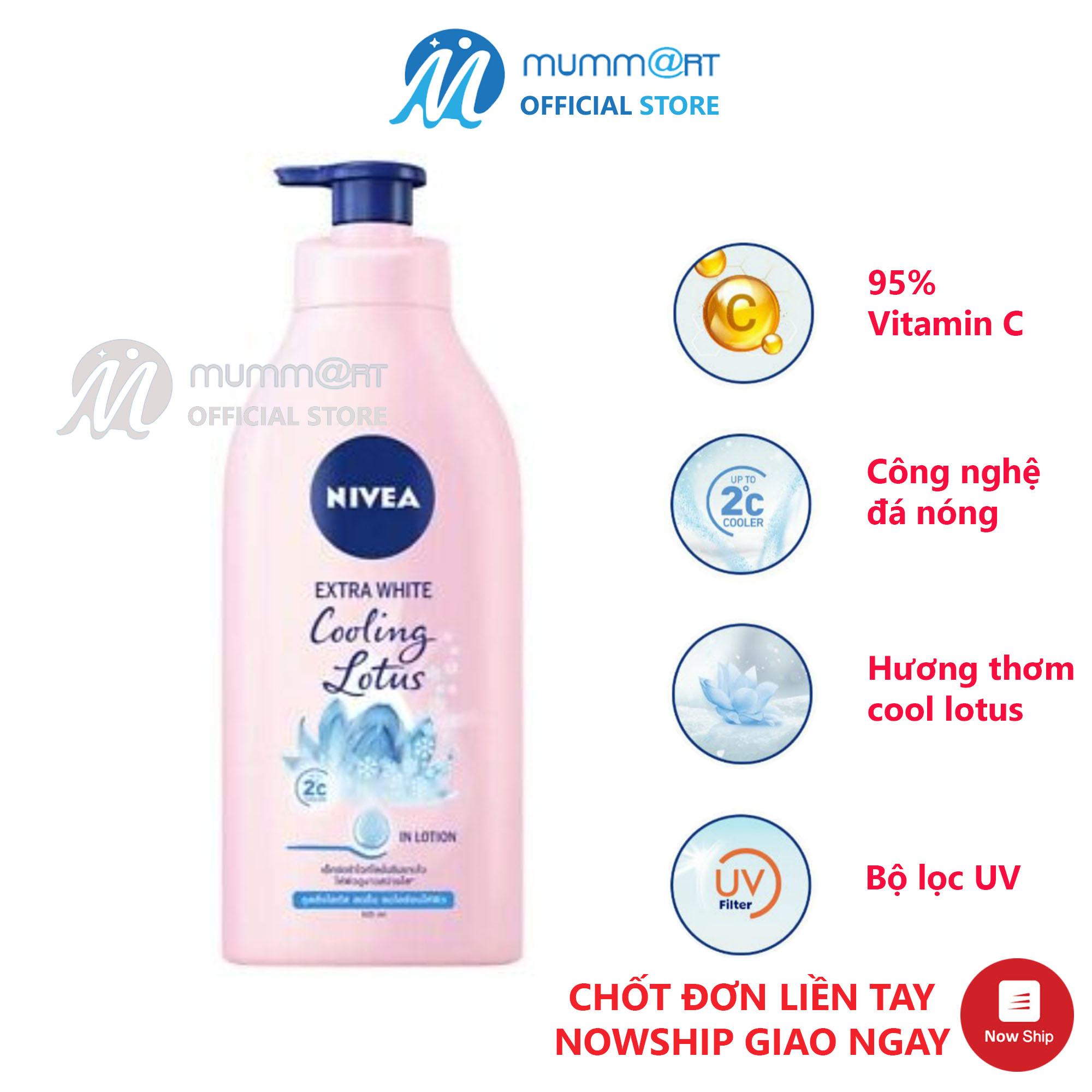 Sữa dưỡng thể Nivea Extra White cooling lotus 525ml  Thái Lan trắng da, làm mát da, ngăn ngừa tia UV bao gồm UVA và UVB