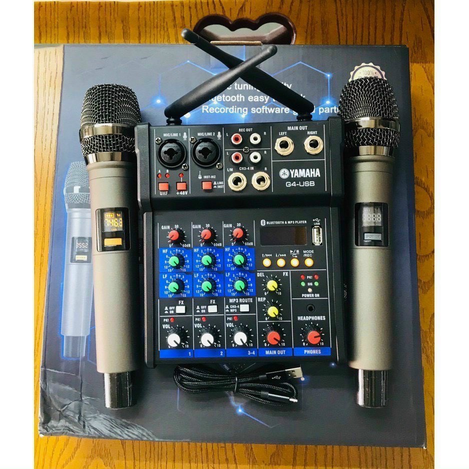 Mixer g4 usb tặng kèm 2 micro không dây karaoke cho amply, loa kéo