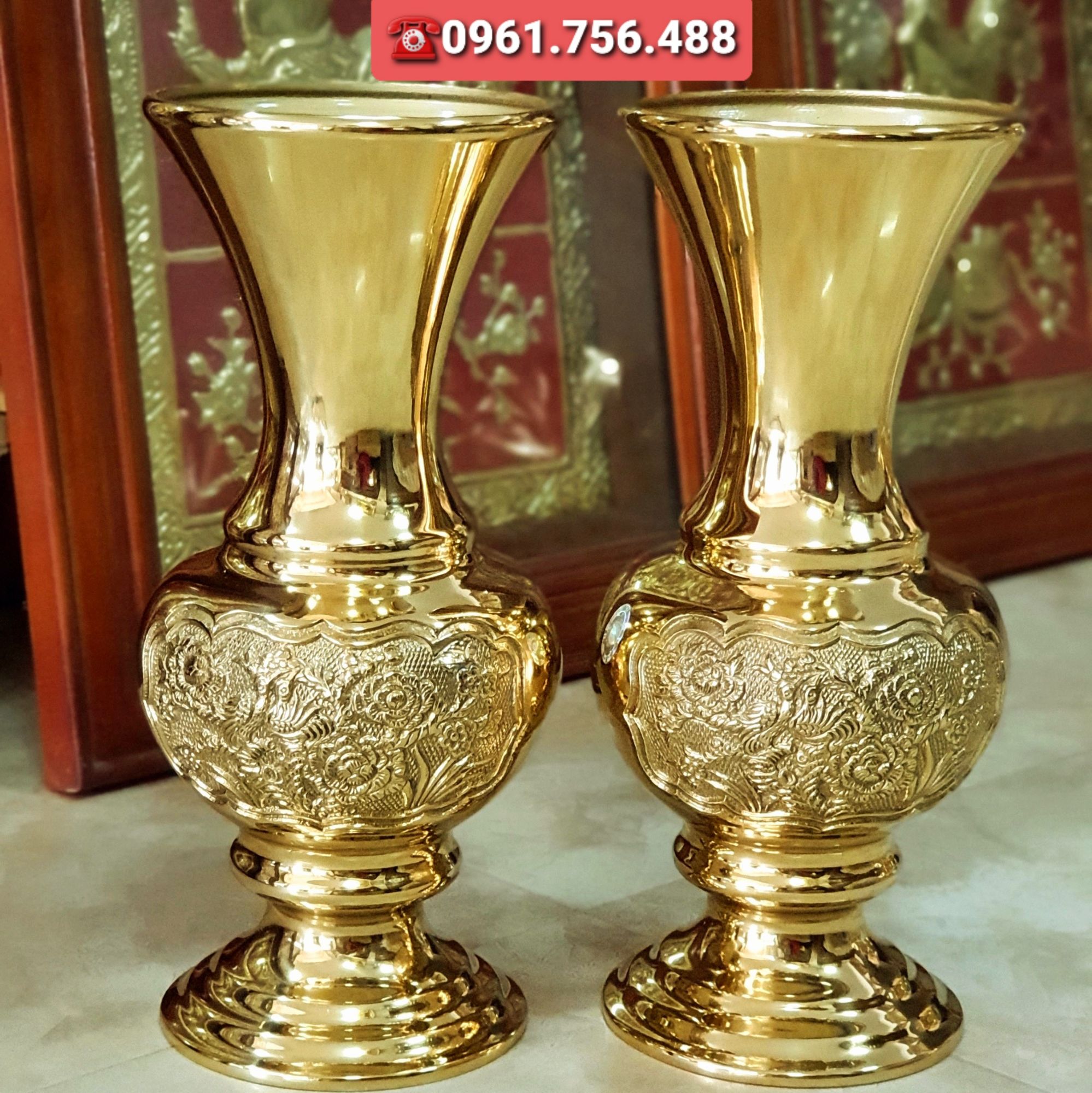 Đôi lọ hoa/ bình bông đồng vàng 30cm
