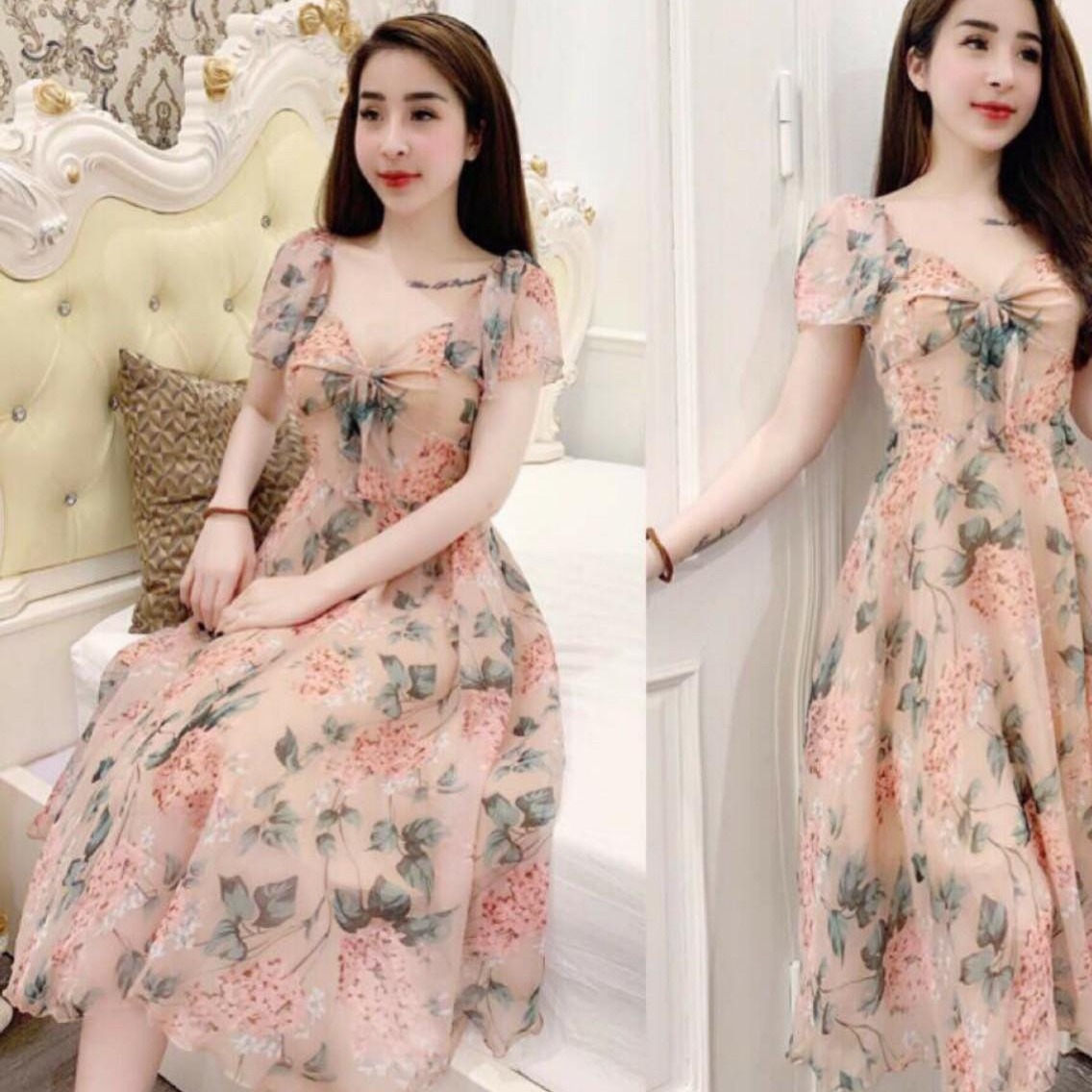 Đầm Nữ Vải Lụa Voan Hoa Cổ thắt Nơ Thời Trang Nữ Dự Tiệc
