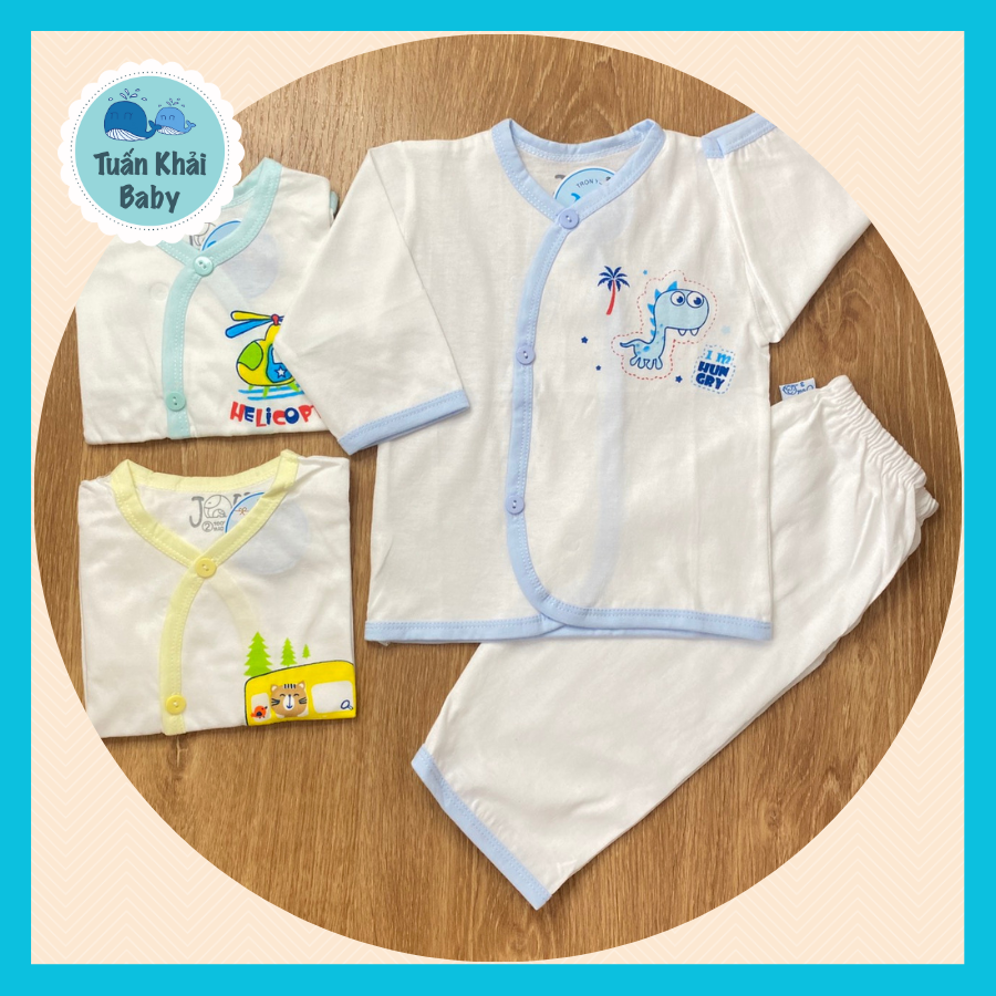 Túi 3 Bộ quần áo sơ sinh Tay Dài Nút Xéo Trắng JOU - Có 4 size 1,2,3,4 cho bé sơ sinh - 11 kg - Chất vải thun cotton 100% xịn đẹp mềm họa tiết xinh