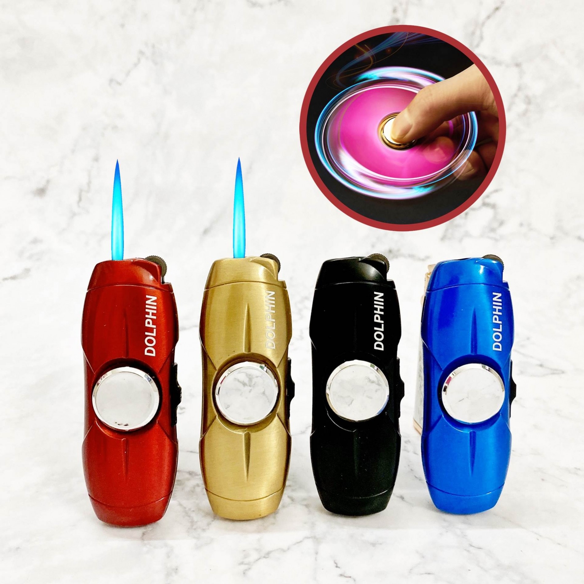 Bật lửa khè dolphin gas đá rãnh tay - con quay 2in1 -