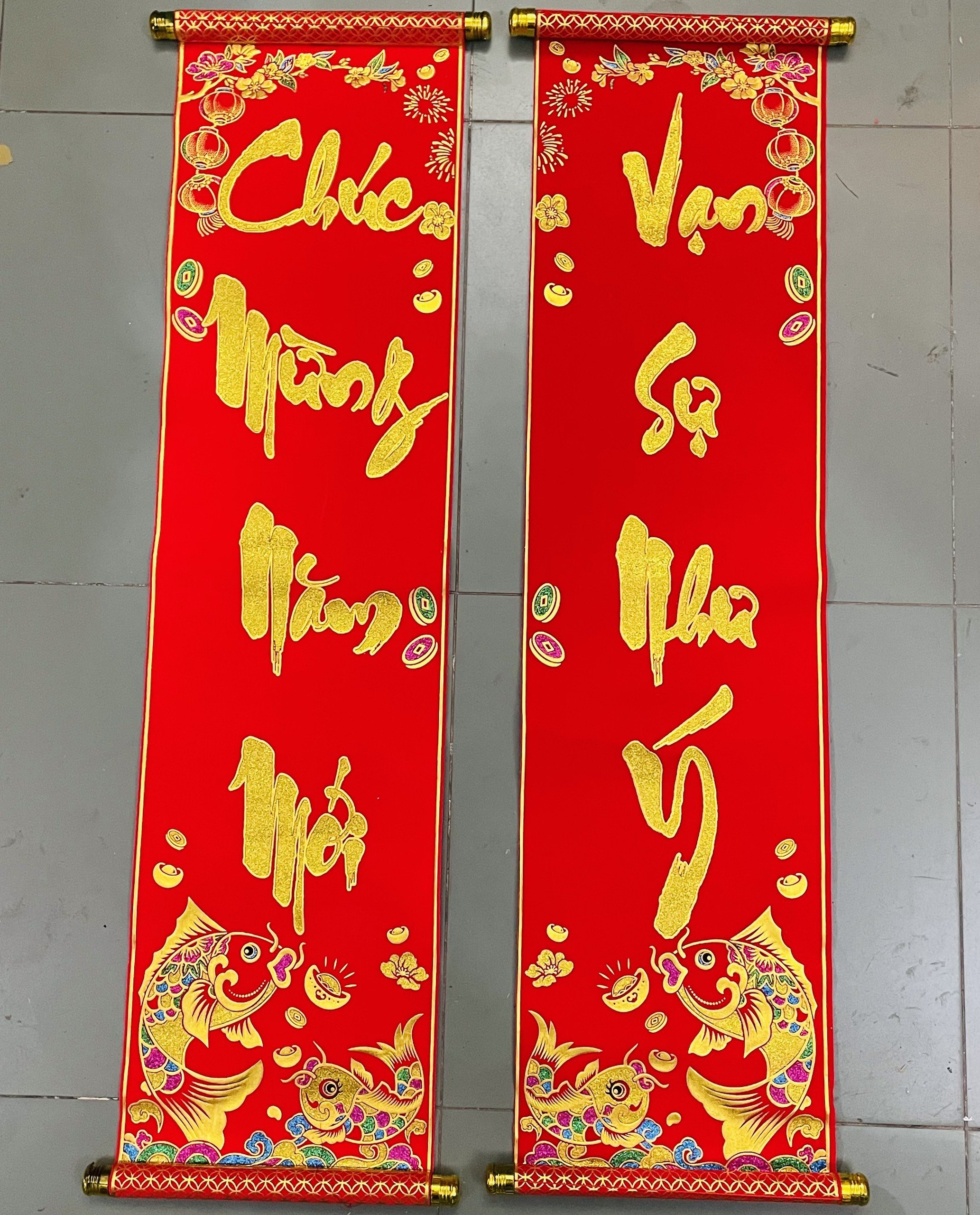 sỉ 1 đôi câu đối đỏ 3D, liễng trang trí tết 20x70cm in chữ Việt Nam làm từ vải nhung đẹp